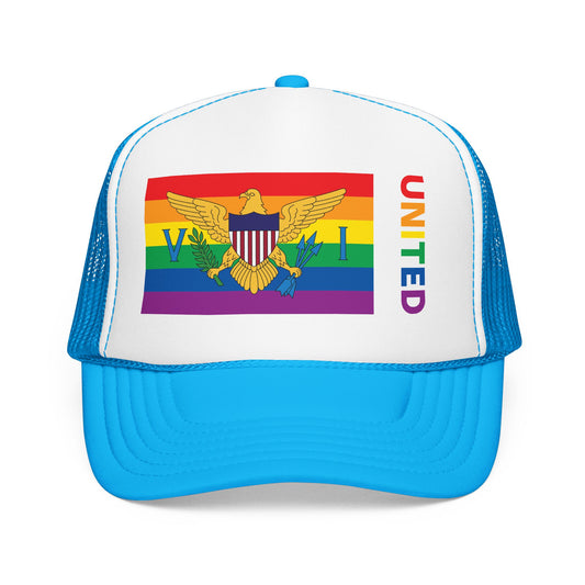 U.S. Virgin Islands Rainbow Pride Flag "UNITED" Printed Foam Trucker Hat, Several Color Options