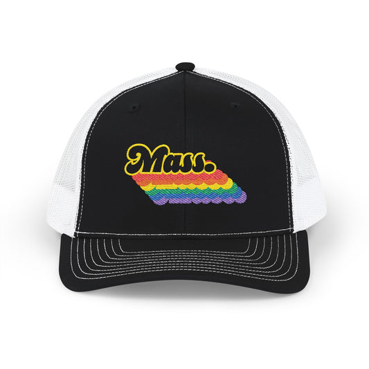 Massachusetts Retro Rainbow Stack Embroidered Trucker, Snapback Trucker Cap, Black front with White mesh in back