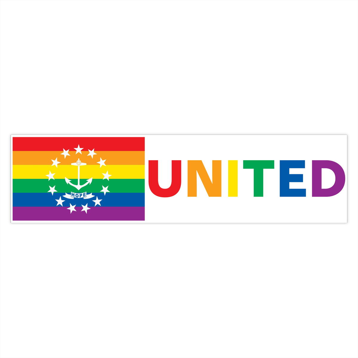 Rhode Island Rainbow Pride Flag "UNITED" Bumper Sticker