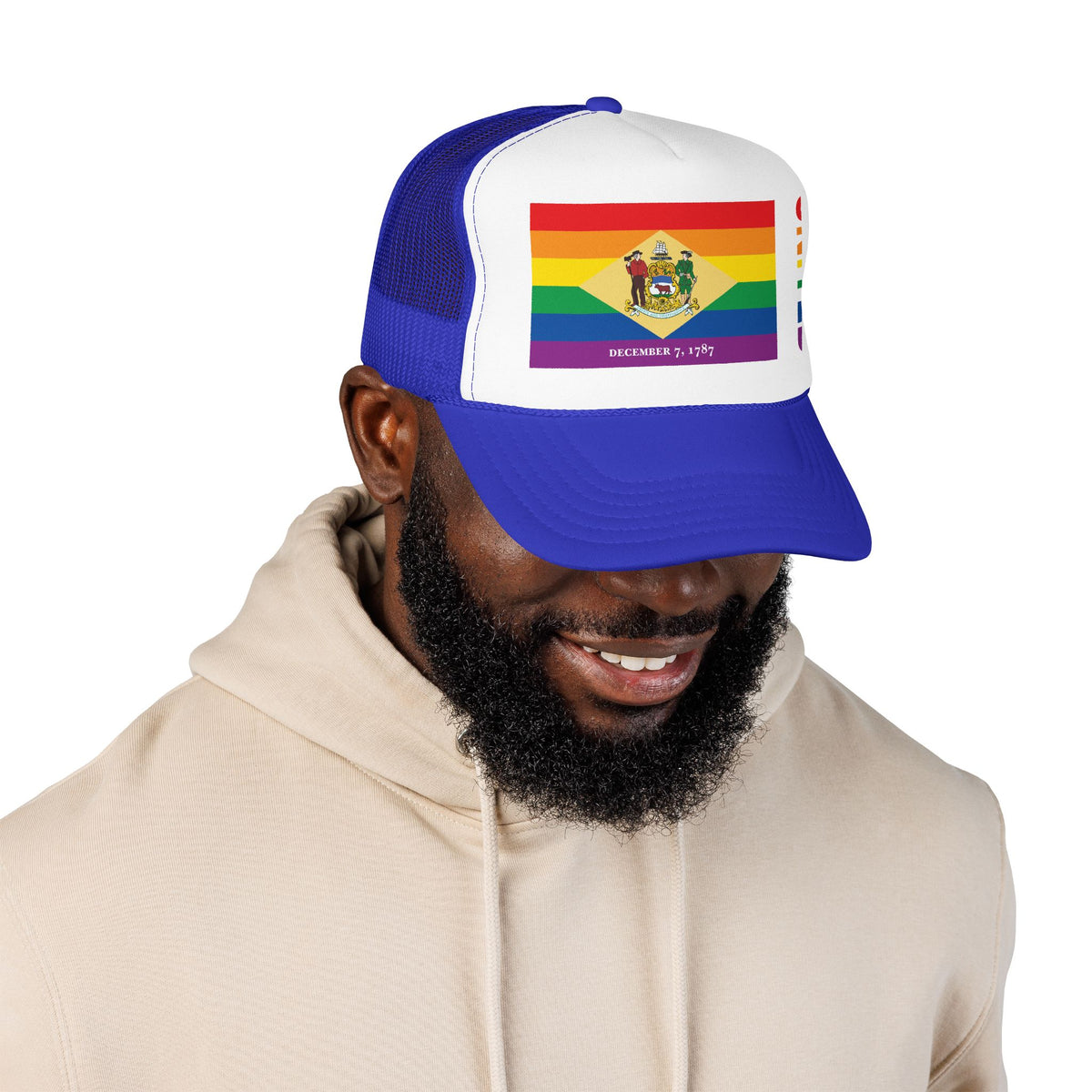Delaware Rainbow Pride Flag "UNITED" Printed Foam Trucker Hat, Several Color Options