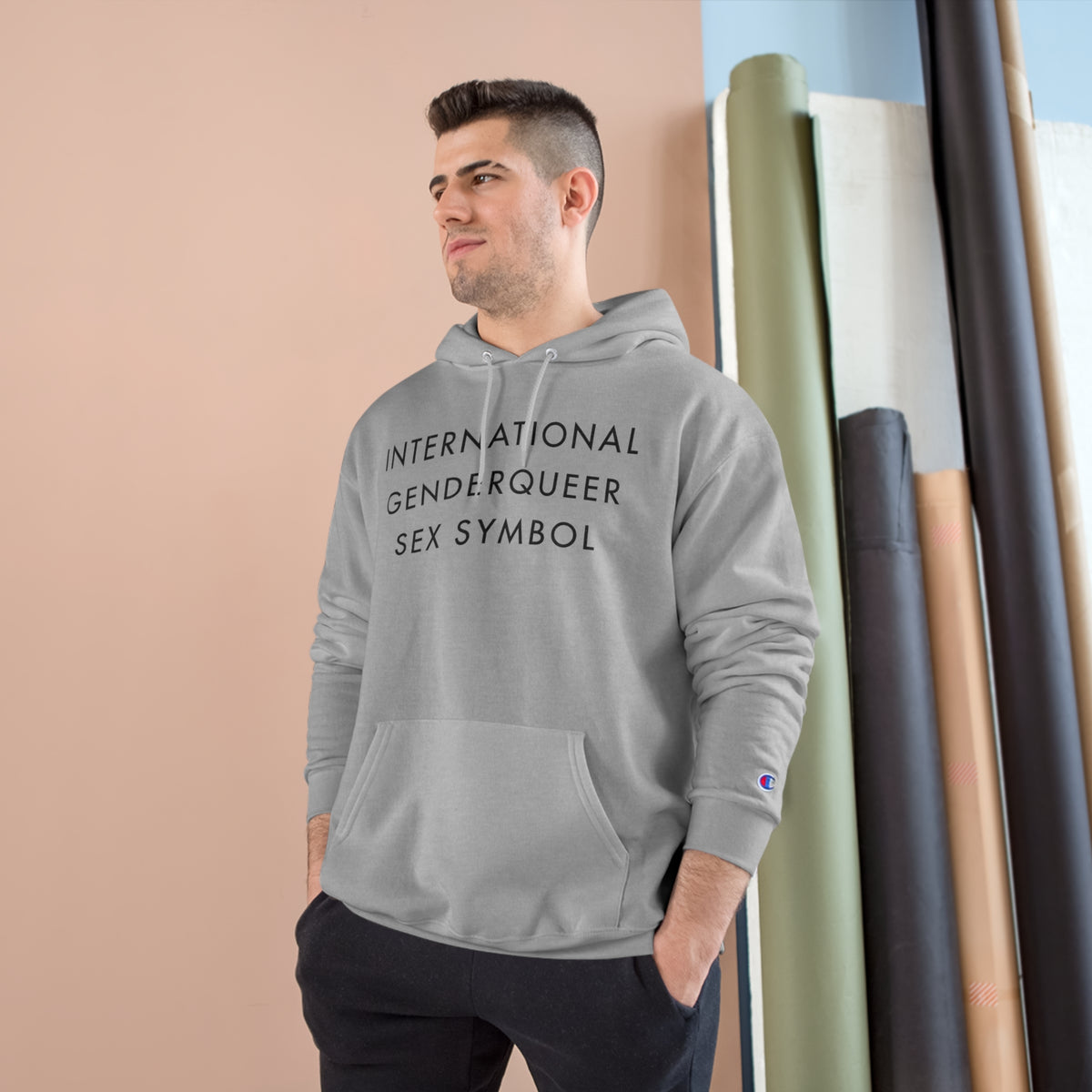 International GenderQueer Sex Symbol Hoodie (Champion®) - White and Light Steel with Black Deco