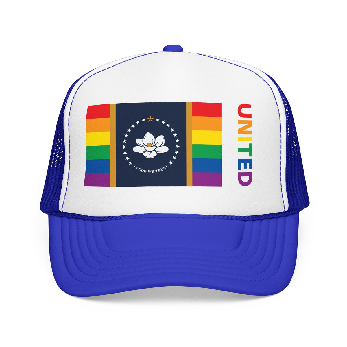 Mississippi Rainbow Pride Flag "UNITED" Printed Foam Trucker Hat, Several Color Options