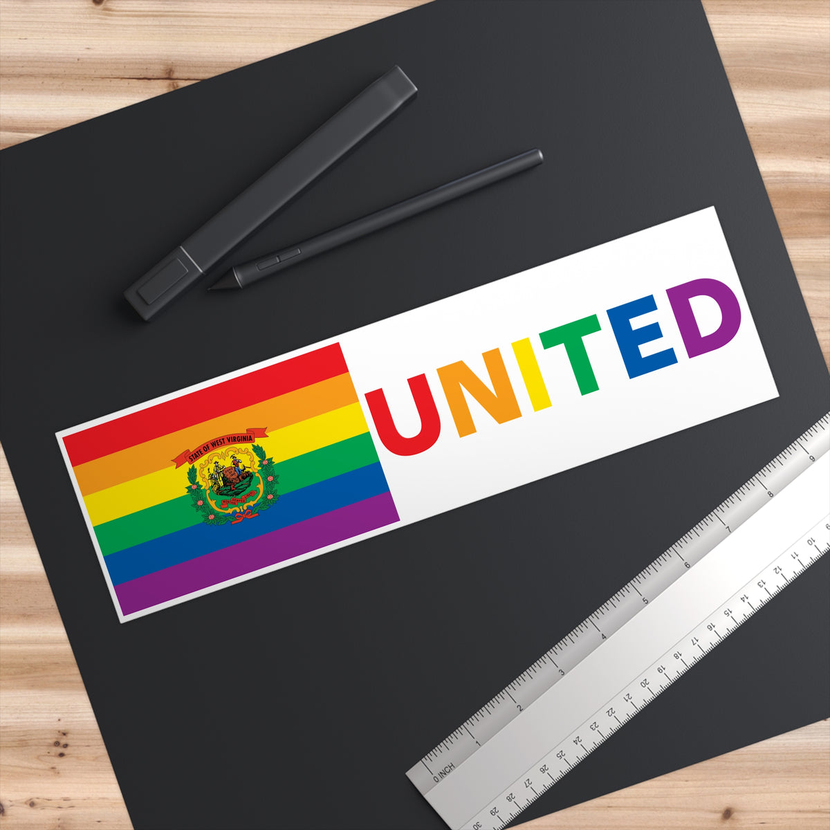 West Virginia Rainbow Pride Flag "UNITED" Bumper Sticker