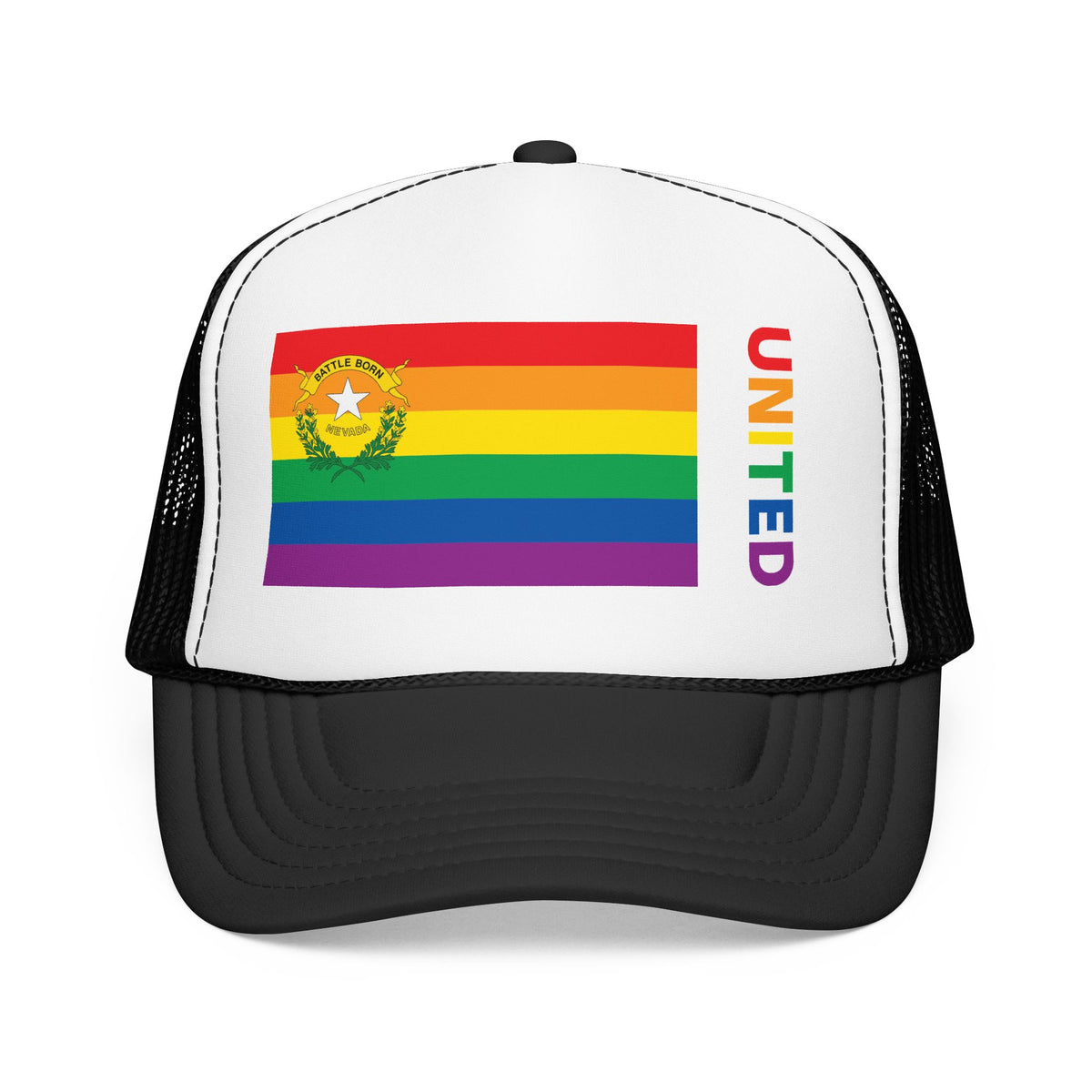 Nevada Rainbow Pride Flag "UNITED" Printed Foam Trucker Hat, Several Color Options