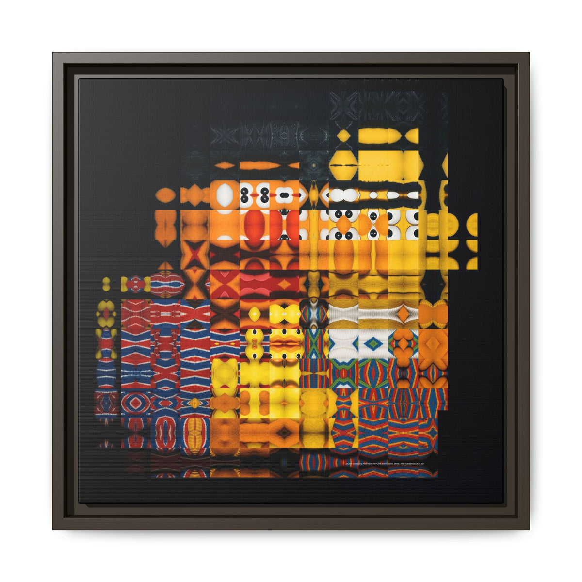 Iconic Domestic Partners in Plain Sight: Bert, Ernie, and Rubber Ducky Abstract Portrait Collage Art, Matte Canvas, Framed (Multi-color options)