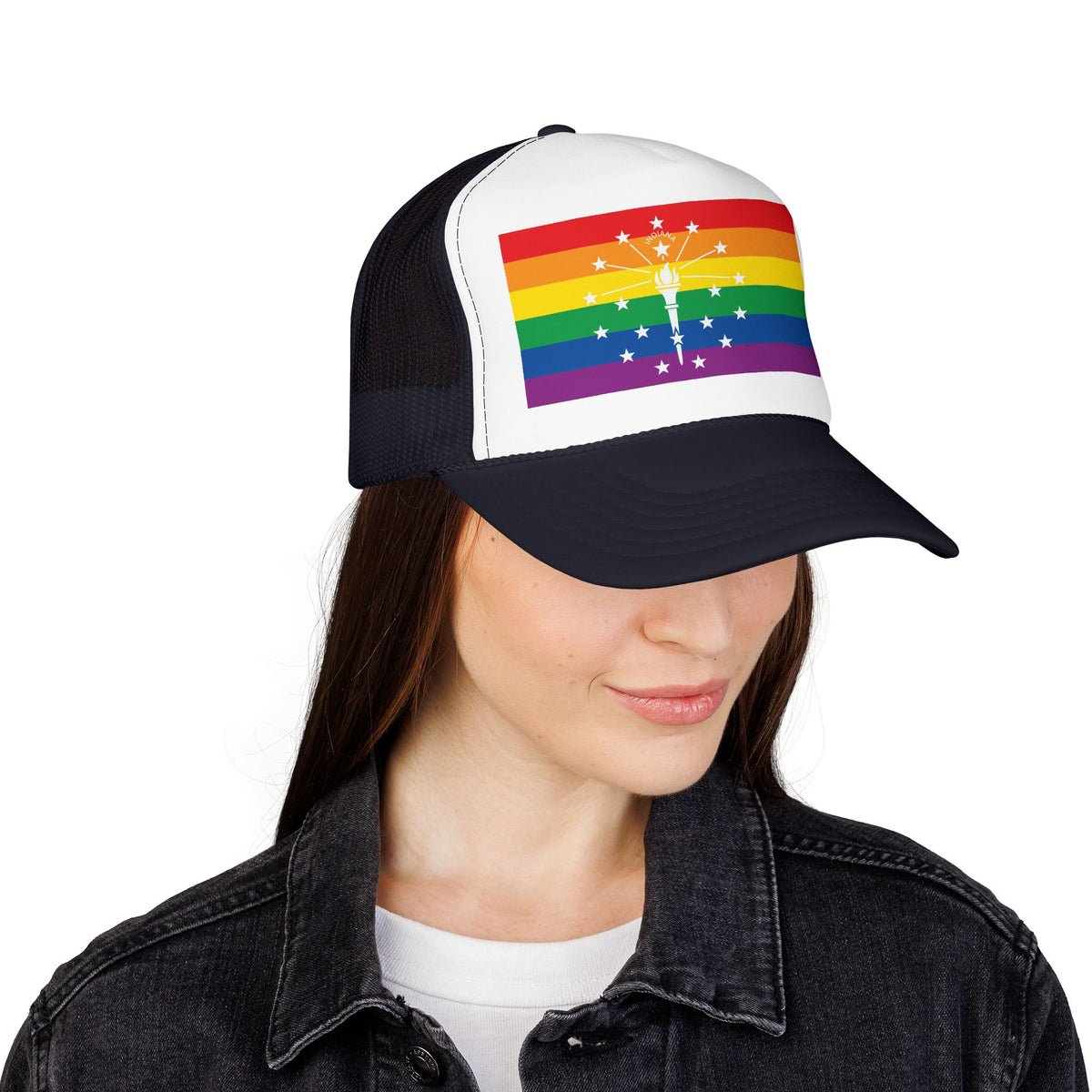 Indiana Rainbow Pride Flag "UNITED" Printed Foam Trucker Hat, Several Color Options