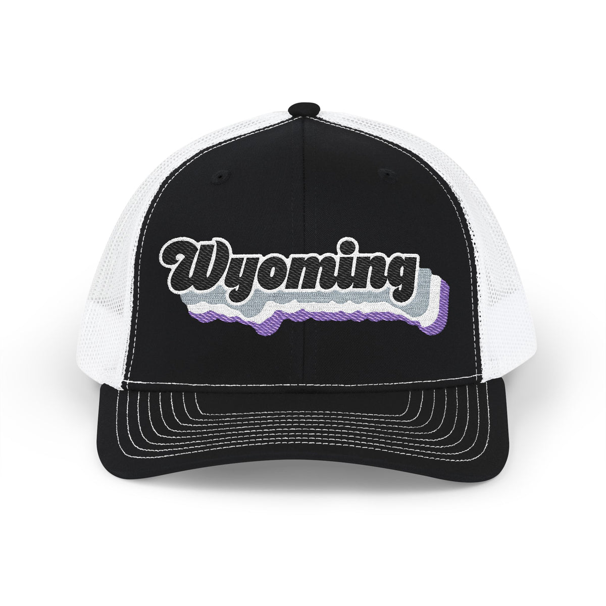 Wyoming Asexual Pride Stack Embroidered Trucker, Snapback Trucker Cap, Black front with White mesh in back