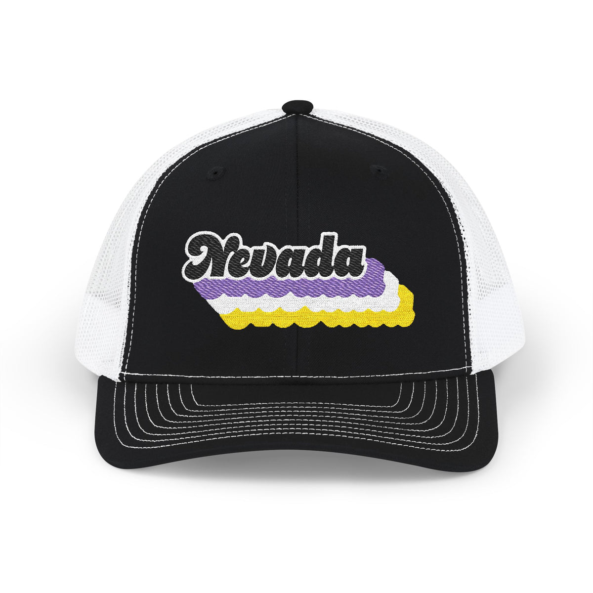 Nevada Non-binary Pride Stack Embroidered Trucker, Snapback Trucker Cap, Black front with White mesh in back