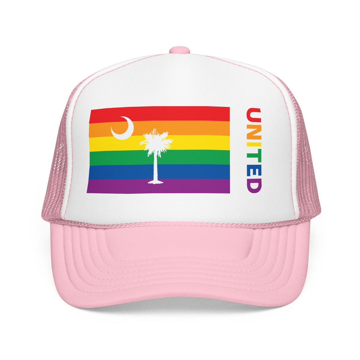 South Carolina Rainbow Pride Flag "UNITED" Printed Foam Trucker Hat, Several Color Options