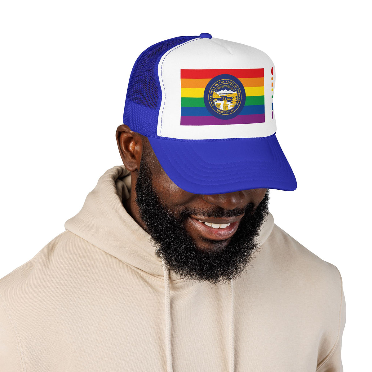 Nebraska Rainbow Pride Flag "UNITED" Printed Foam Trucker Hat, Several Color Options