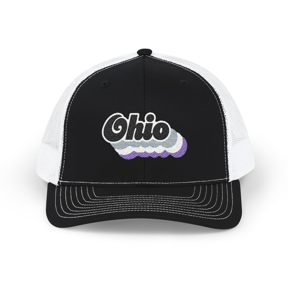 Ohio Asexual Pride Stack Embroidered Trucker, Snapback Trucker Cap, Black front with White mesh in back