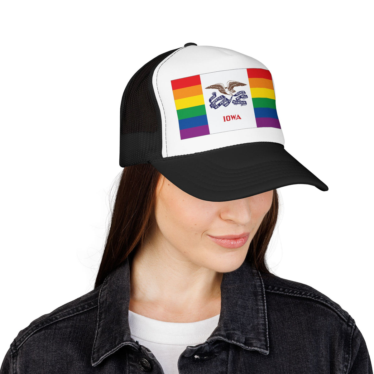 Iowa Rainbow Pride Flag "UNITED" Printed Foam Trucker Hat, Several Color Options