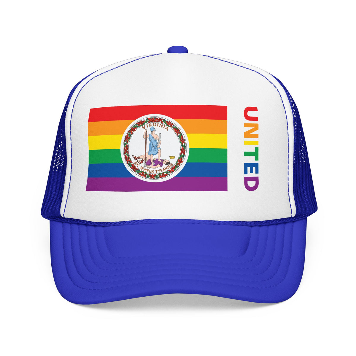 Virginia Rainbow Pride Flag "UNITED" Printed Foam Trucker Hat, Several Color Options
