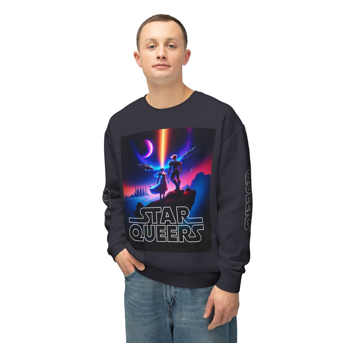 STAR QUEERS Graphic Universal Lightweight Crewneck Sweatshirt - Black and Neon Violet