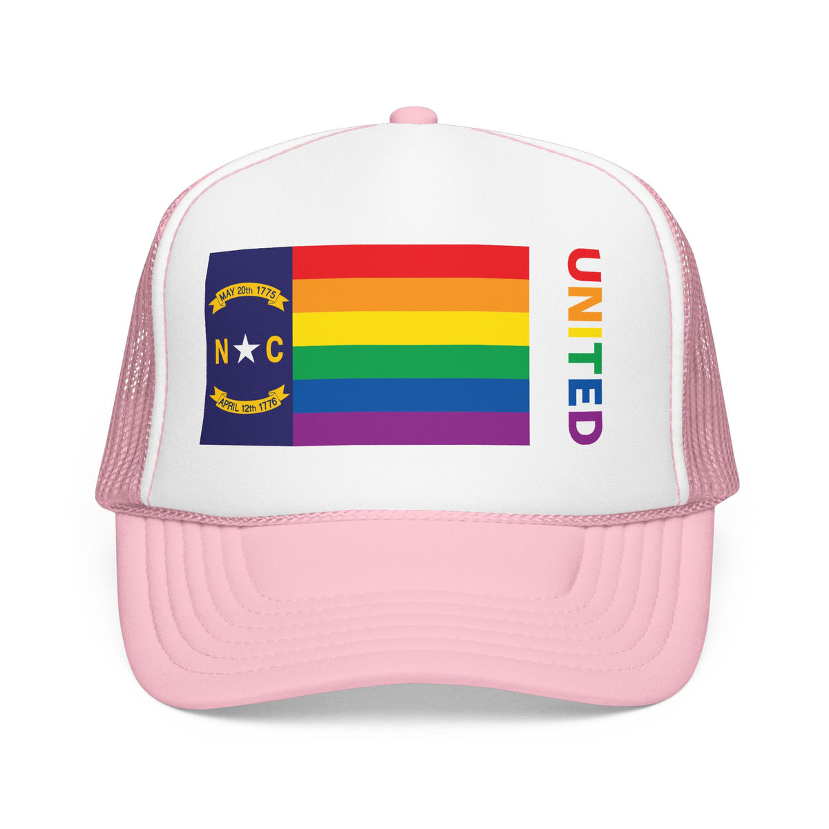 North Carolina Rainbow Pride Flag "UNITED" Printed Foam Trucker Hat, Several Color Options