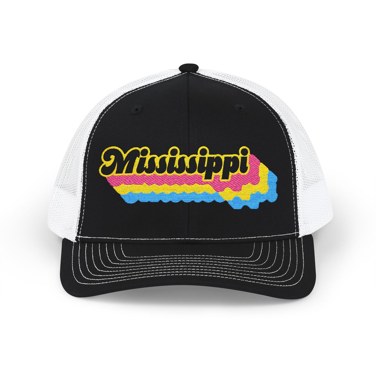 Mississippi Pansexual Pride Stack Embroidered Trucker, Snapback Trucker Cap, Black front with White mesh in back