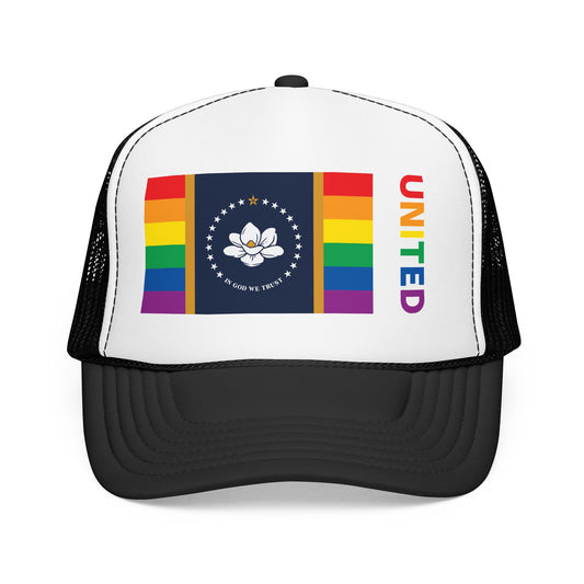 Mississippi Rainbow Pride Flag "UNITED" Printed Foam Trucker Hat, Several Color Options
