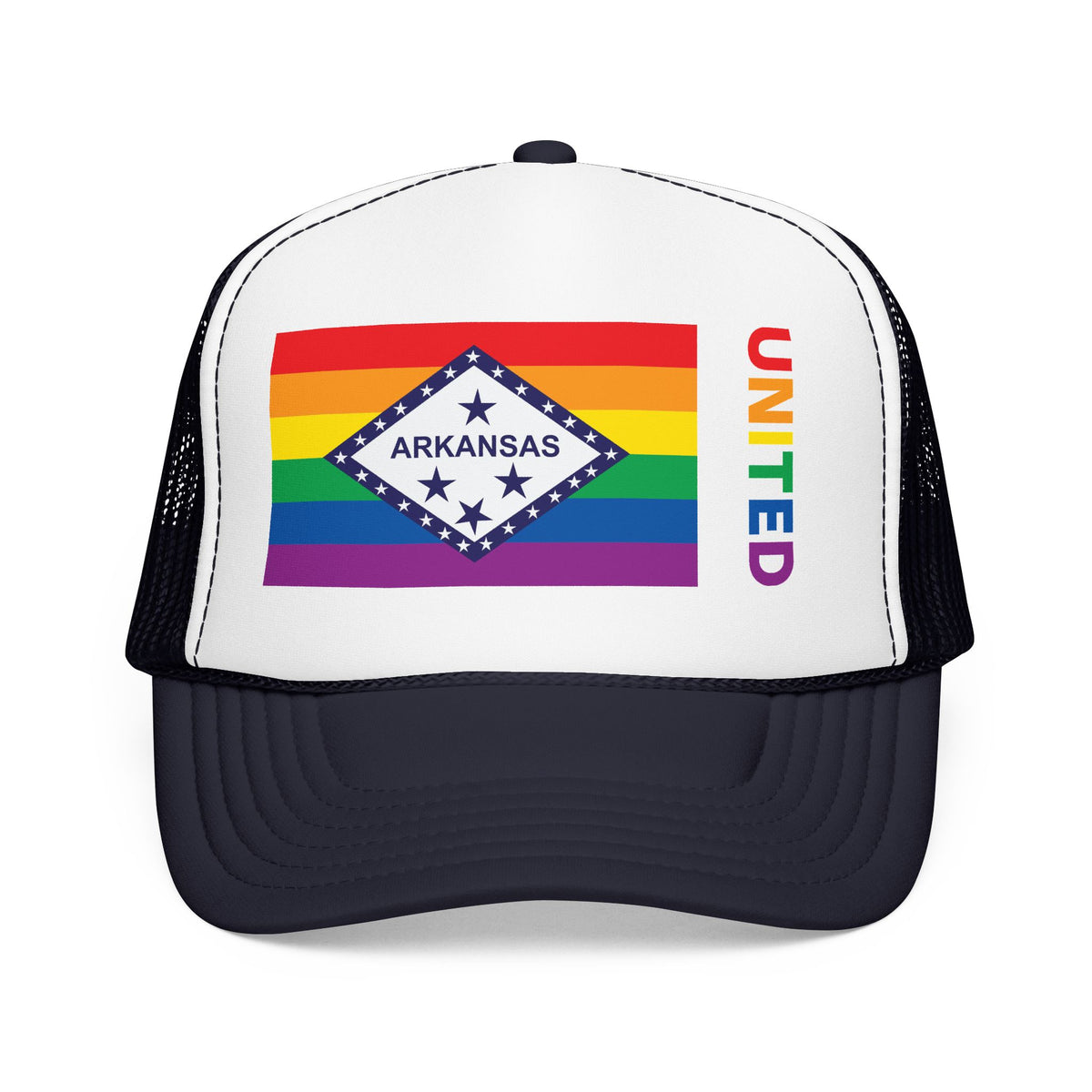 Arkansas Rainbow Pride Flag "UNITED" Printed Foam Trucker Hat, Several Color Options