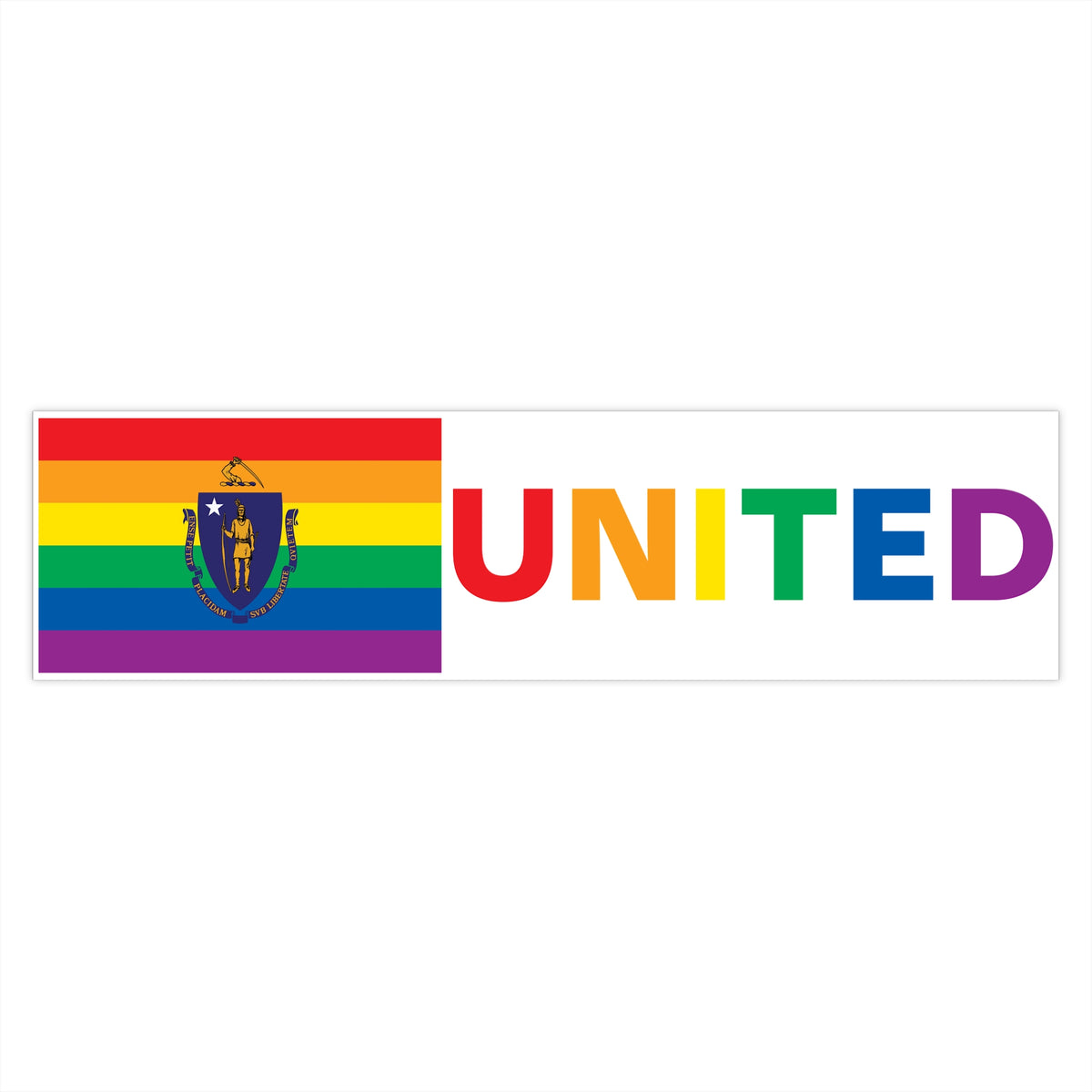 Massachusetts Rainbow Pride Flag "UNITED" Bumper Sticker