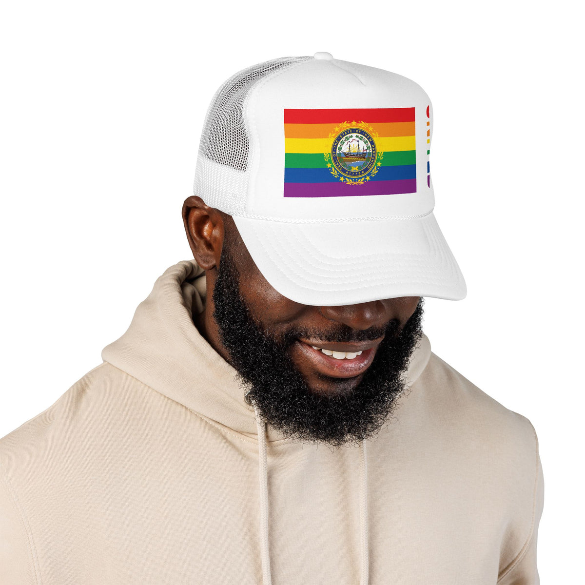 New Hampshire Rainbow Pride Flag "UNITED" Printed Foam Trucker Hat, Several Color Options