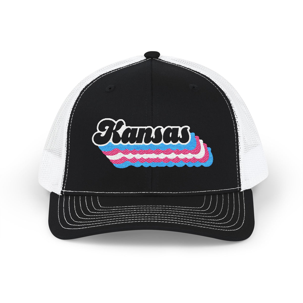 Kansas Transgender Pride Stack Embroidered Trucker, Snapback Trucker Cap, Black front with White mesh in back