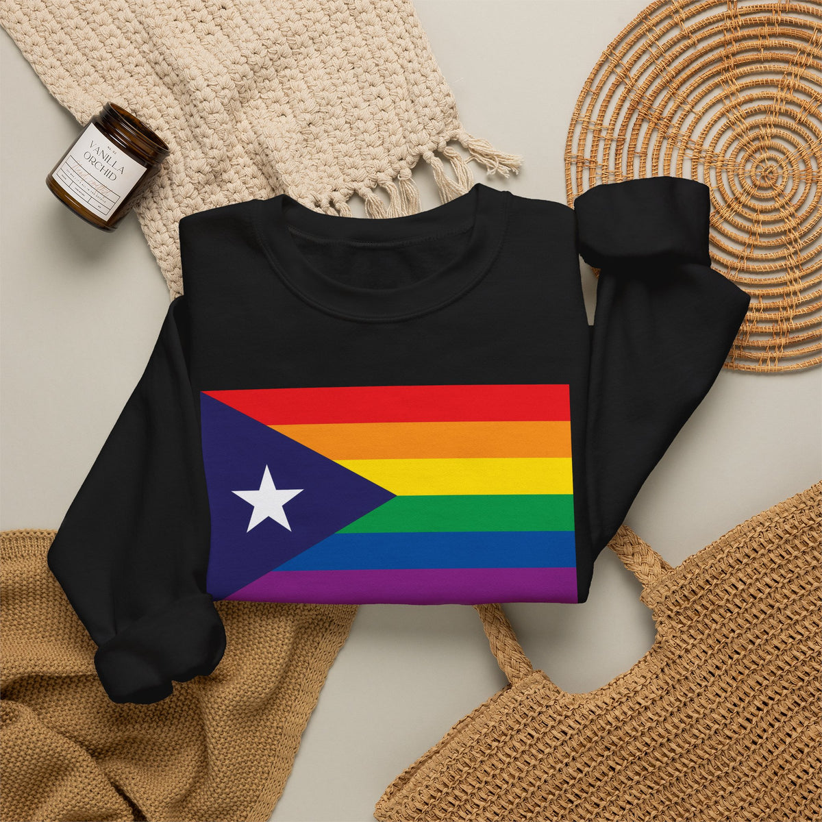 Puerto Rico Rainbow Pride Flag Unisex Crewneck Sweatshirt, White, Black or Light Pink