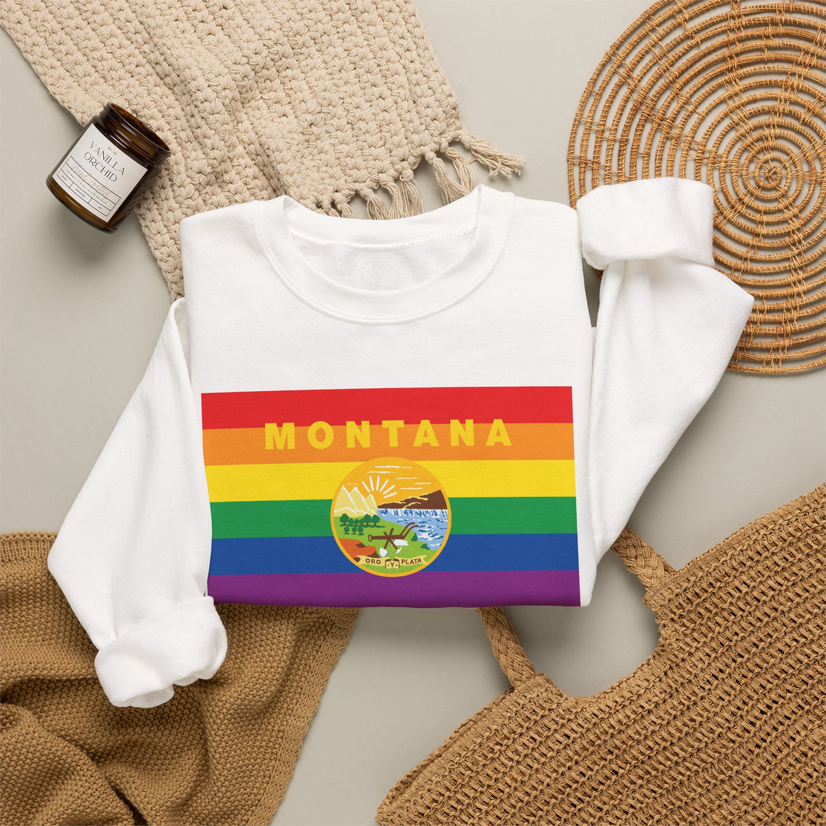 Montana Rainbow Pride Flag Unisex Crewneck Sweatshirt, White, Black or Light Pink