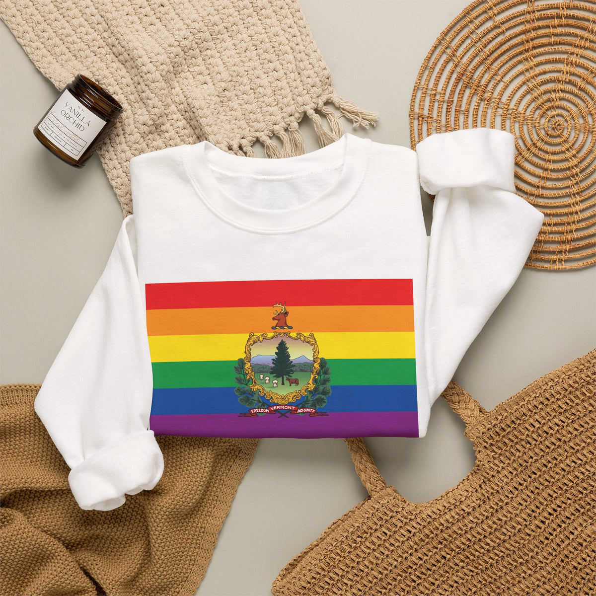 Vermont Rainbow Pride Flag Unisex Crewneck Sweatshirt, White, Black or Light Pink