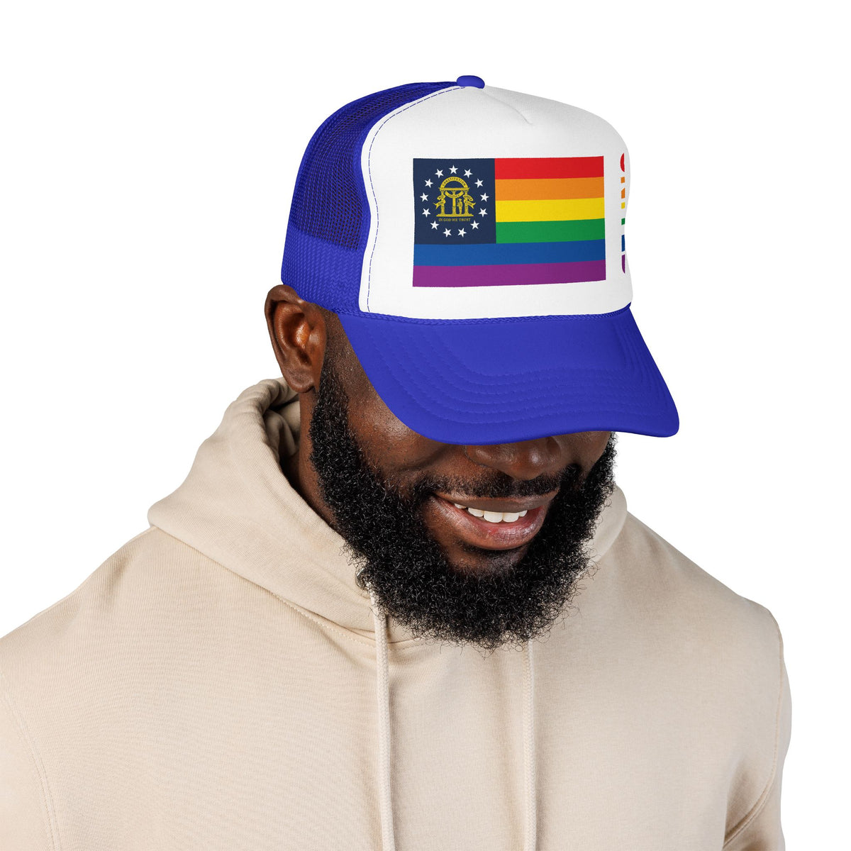 Georgia Rainbow Pride Flag "UNITED" Printed Foam Trucker Hat, Several Color Options