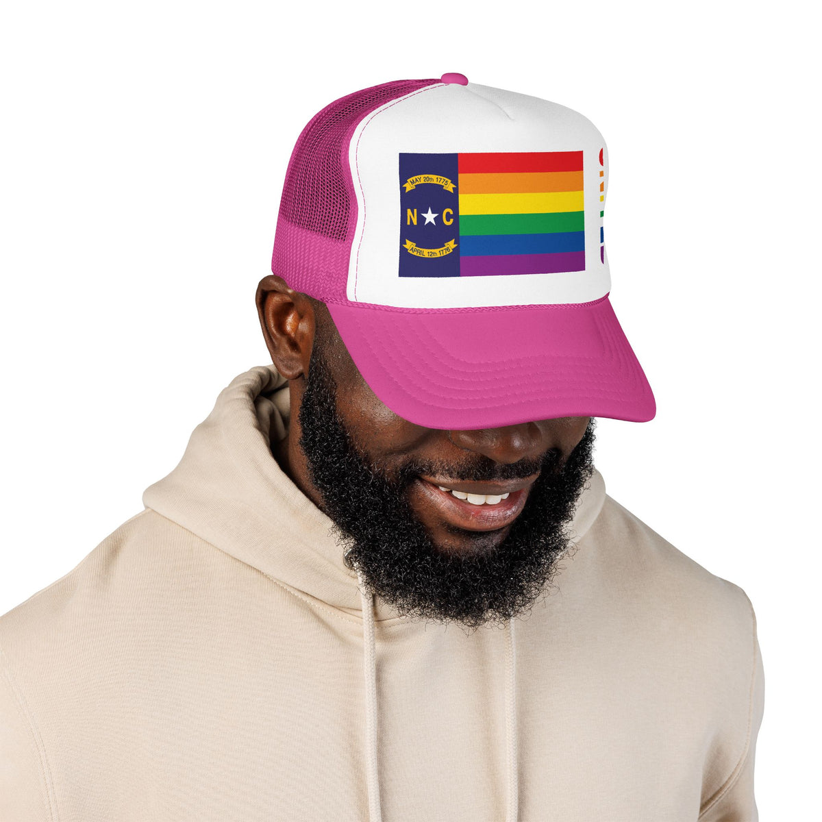 North Carolina Rainbow Pride Flag "UNITED" Printed Foam Trucker Hat, Several Color Options