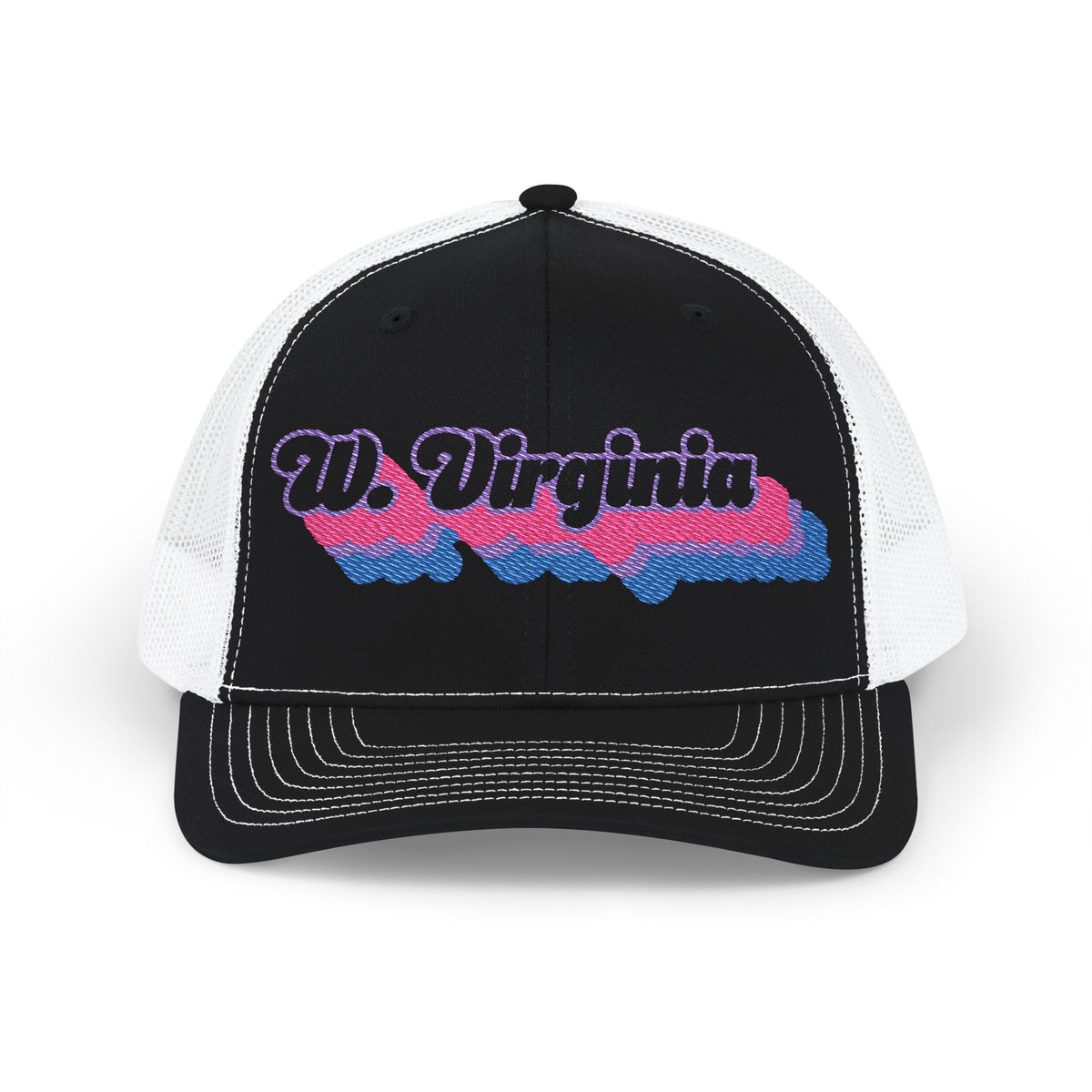 West Virginia Bisexual Pride Stack Embroidered Trucker, Snapback Trucker Cap, Black front with White mesh in back
