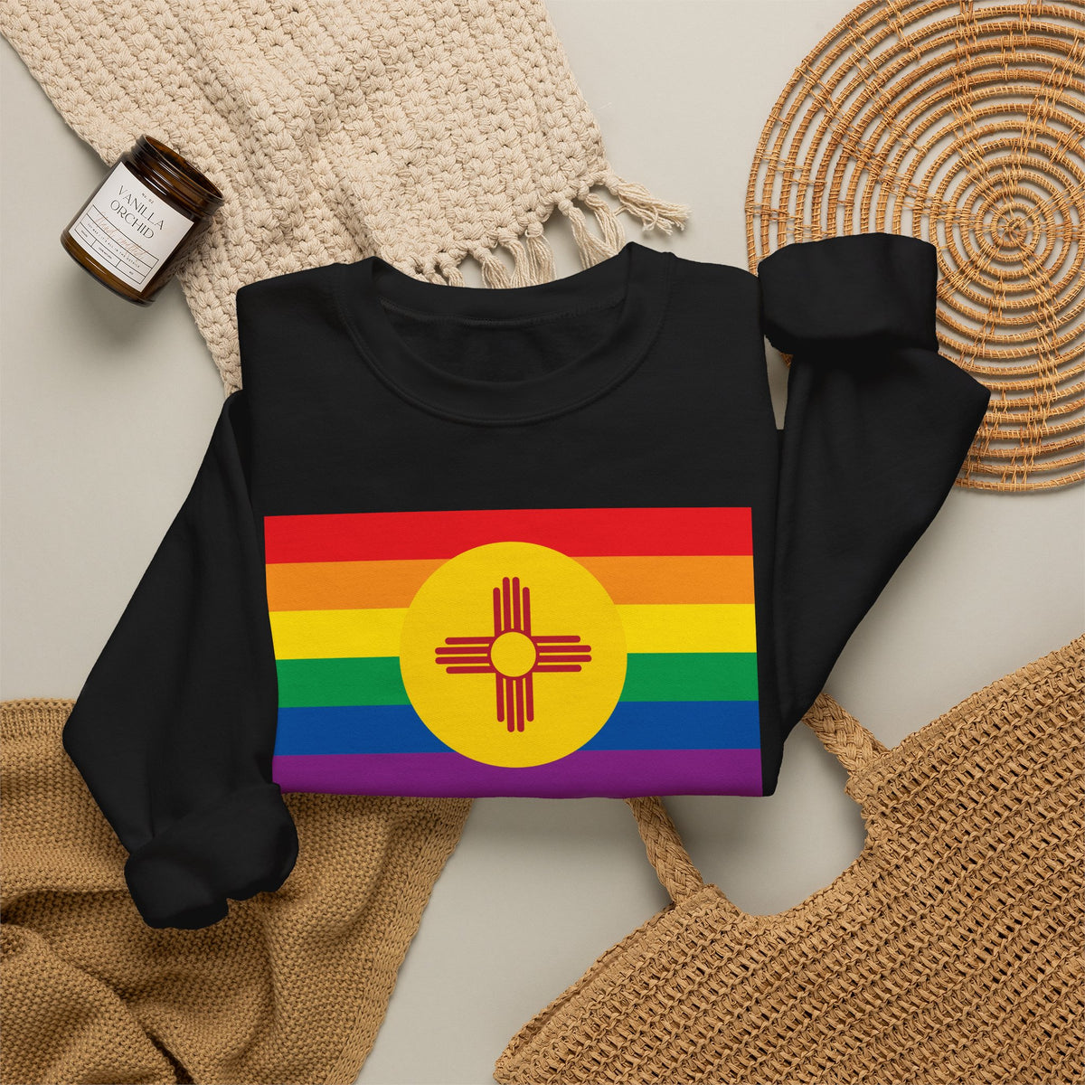 New Mexico Rainbow Pride Flag Unisex Crewneck Sweatshirt, White, Black or Light Pink