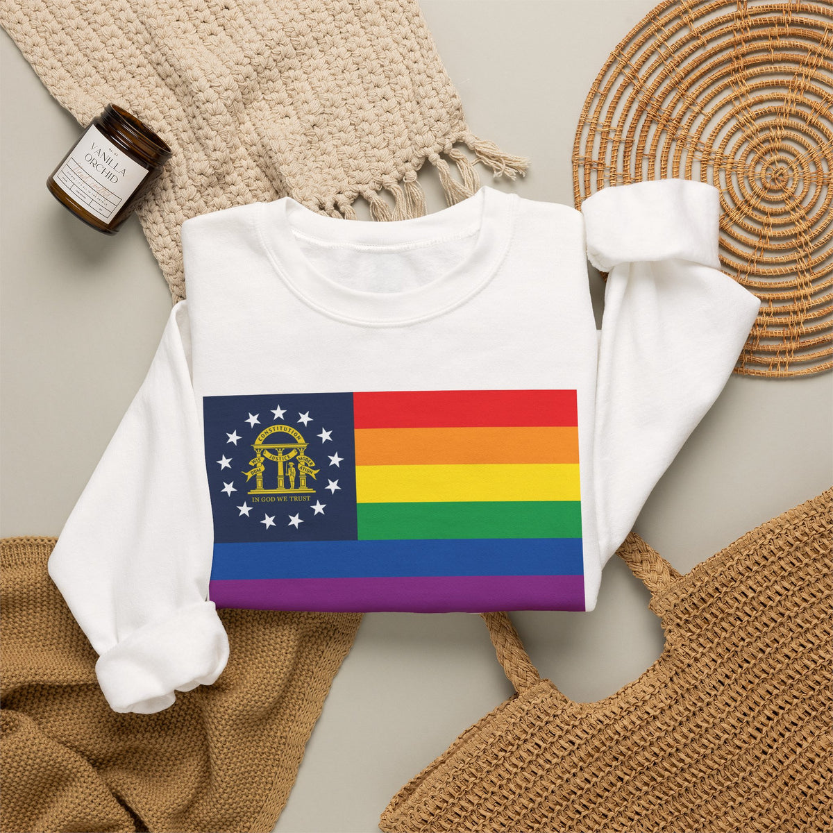 Georgia Rainbow Pride Flag Unisex Crewneck Sweatshirt, White, Black or Light Pink
