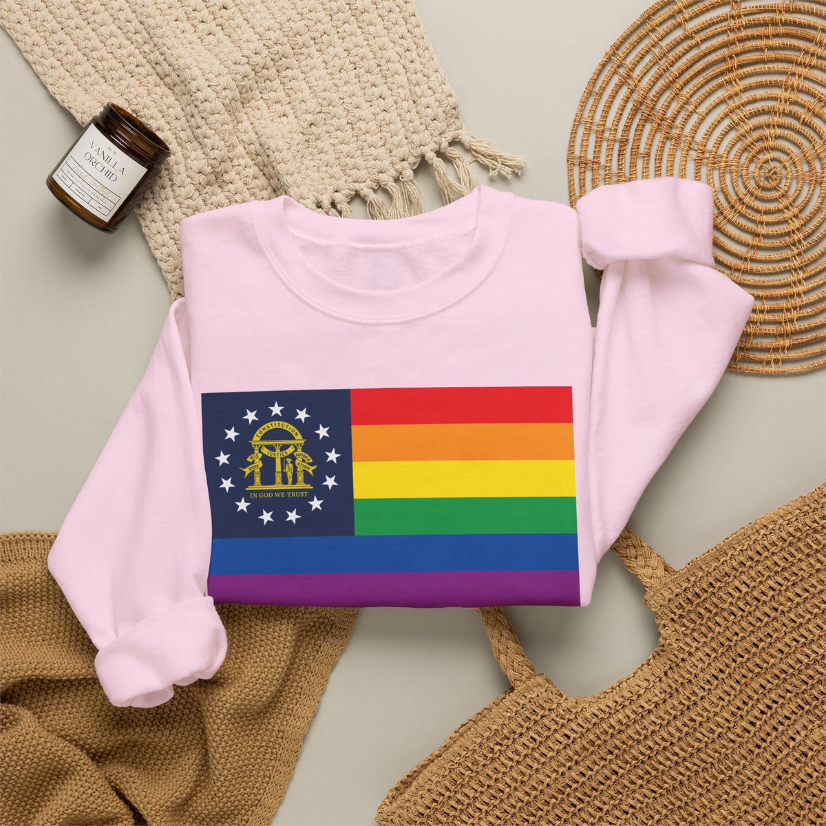 Georgia Rainbow Pride Flag Unisex Crewneck Sweatshirt, White, Black or Light Pink