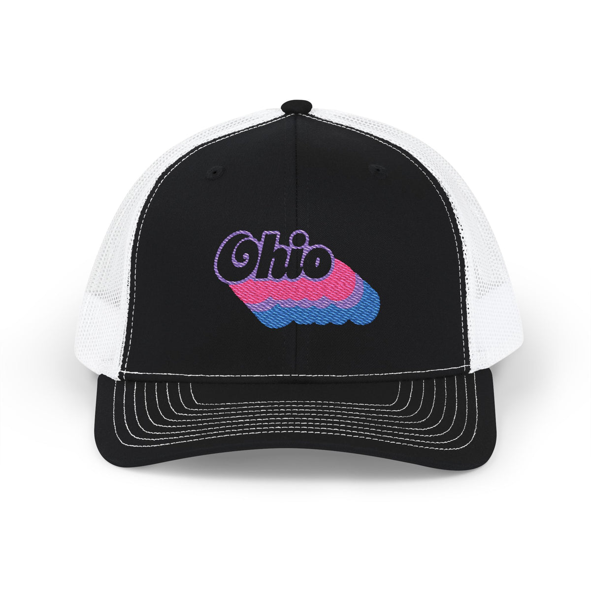 Ohio Bisexual Pride Stack Embroidered Trucker, Snapback Trucker Cap, Black front with White mesh in back