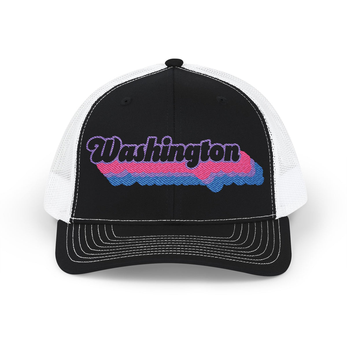 Washington Bisexual Pride Stack Embroidered Trucker, Snapback Trucker Cap, Black front with White mesh in back