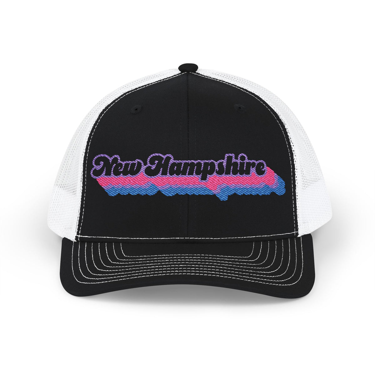 New Hampshire Bisexual Pride Stack Embroidered Trucker, Snapback Trucker Cap, Black front with White mesh in back