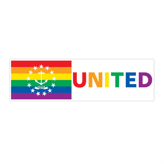 Rhode Island Rainbow Pride Flag "UNITED" Bumper Sticker