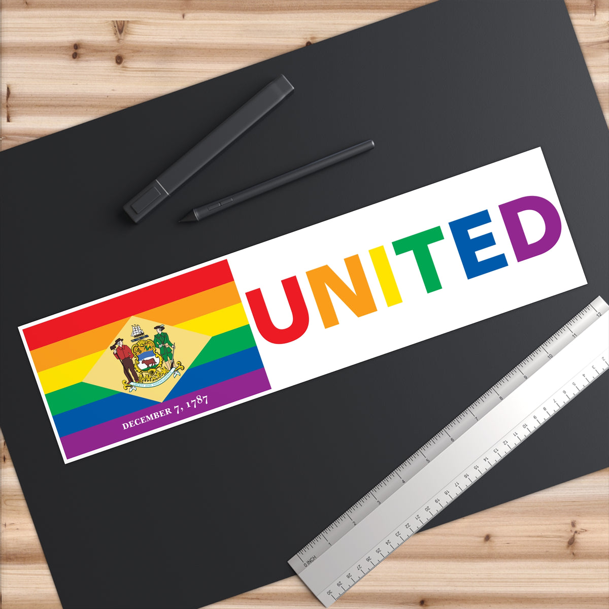 Delaware Rainbow Pride Flag "UNITED" Bumper Sticker