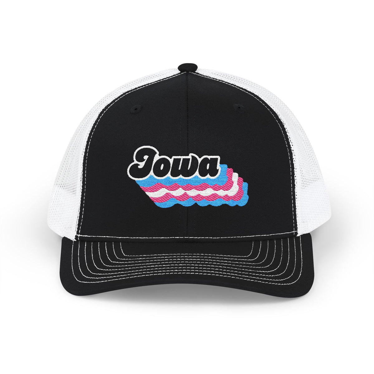 Iowa Transgender Pride Stack Embroidered Trucker, Snapback Trucker Cap, Black front with White mesh in back