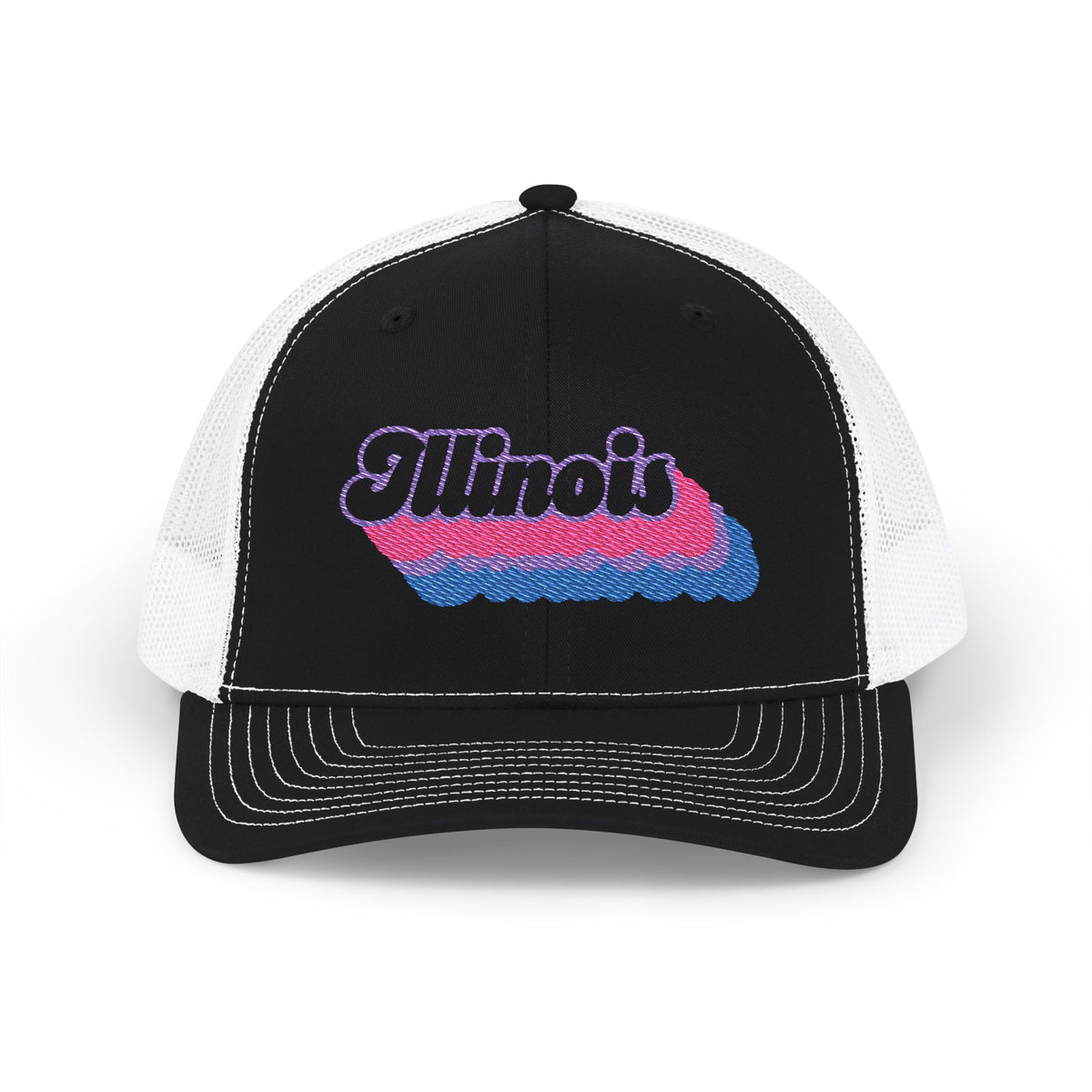 Illinois Bisexual Pride Stack Embroidered Trucker, Snapback Trucker Cap, Black front with White mesh in back