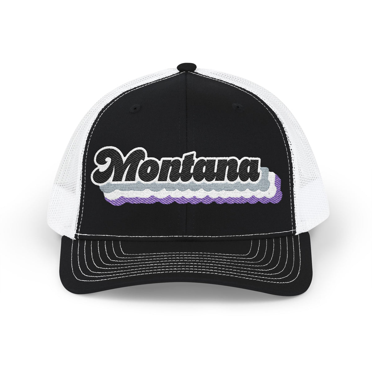 Montana Asexual Pride Stack Embroidered Trucker, Snapback Trucker Cap, Black front with White mesh in back