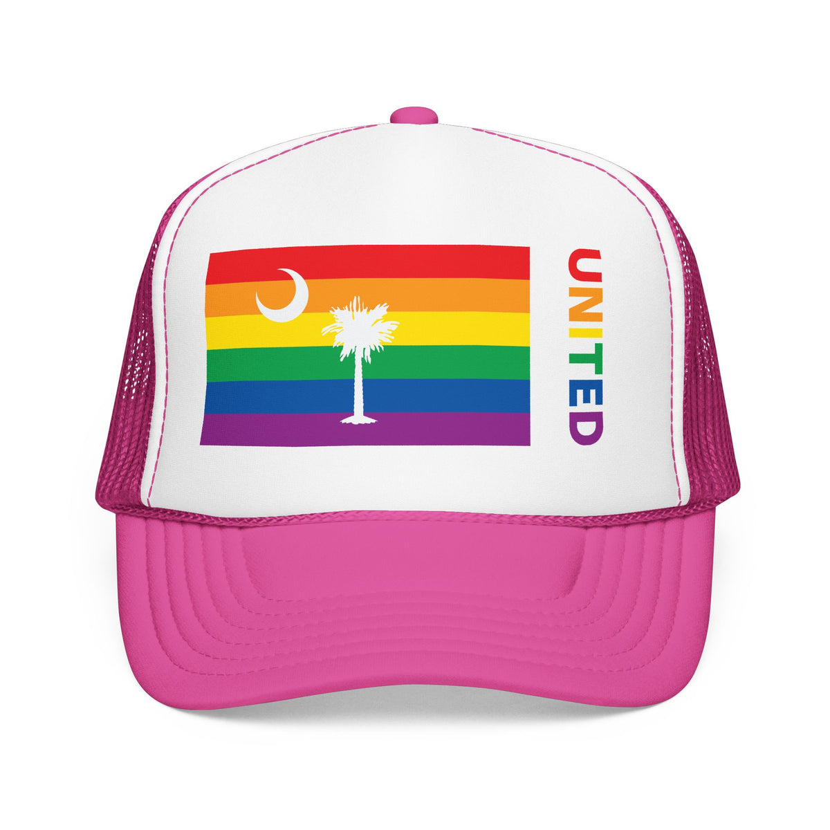 South Carolina Rainbow Pride Flag "UNITED" Printed Foam Trucker Hat, Several Color Options