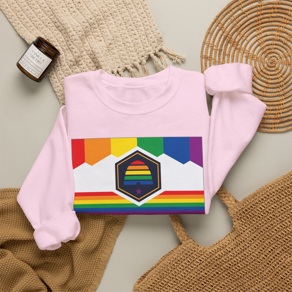 Utah Rainbow Pride Flag Unisex Crewneck Sweatshirt, White, Black or Light Pink