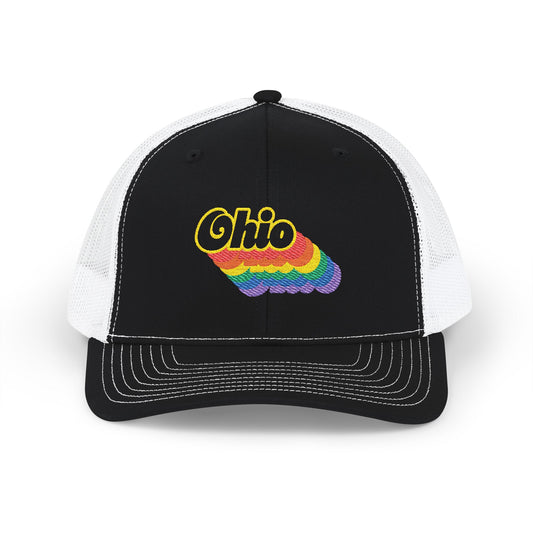 Ohio Retro Rainbow Stack Embroidered Trucker, Snapback Trucker Cap, Black front with White mesh in back
