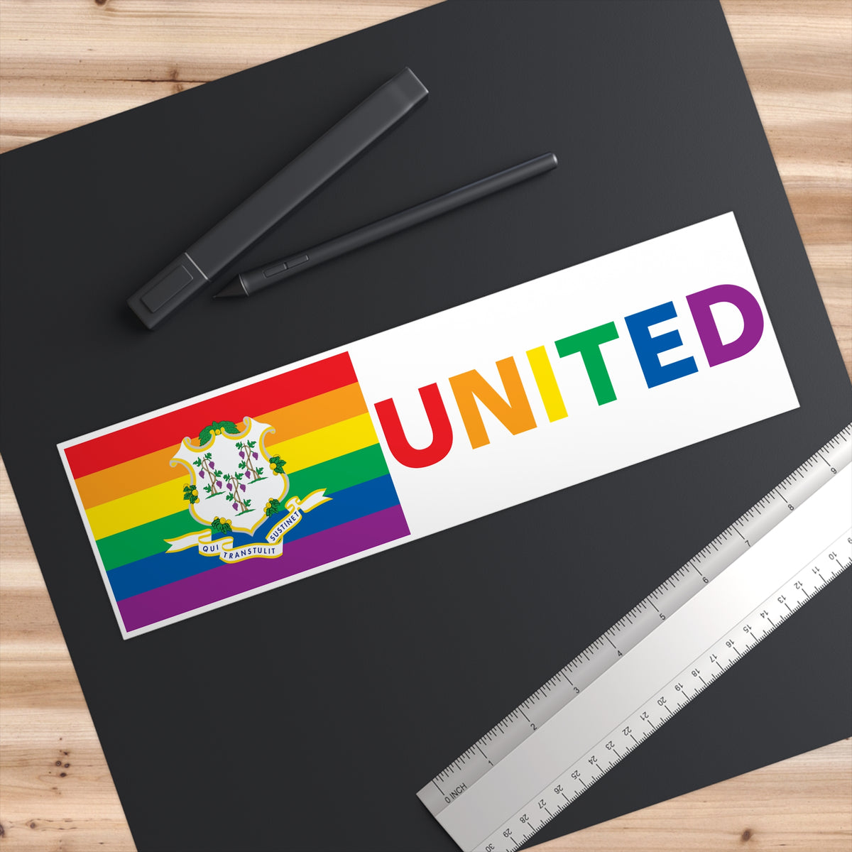 Connecticut Rainbow Pride Flag "UNITED" Bumper Sticker