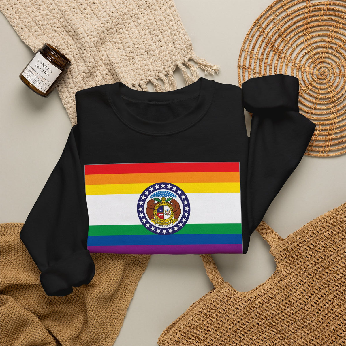 Missouri Rainbow Pride Flag Unisex Crewneck Sweatshirt, White, Black or Light Pink