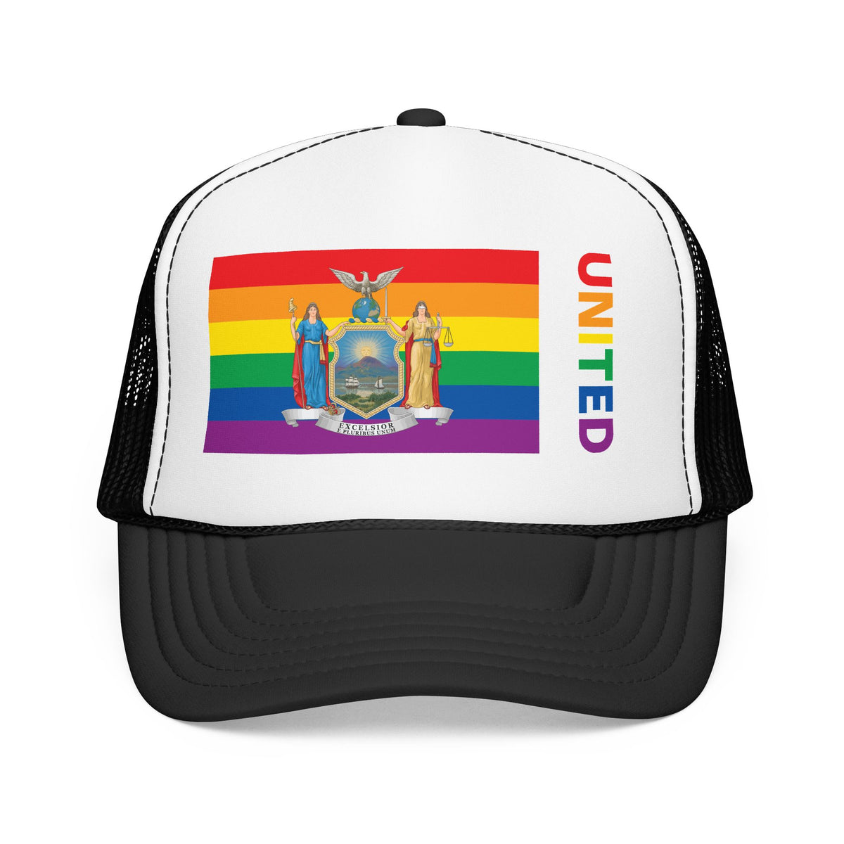 New York Rainbow Pride Flag "UNITED" Printed Foam Trucker Hat, Several Color Options