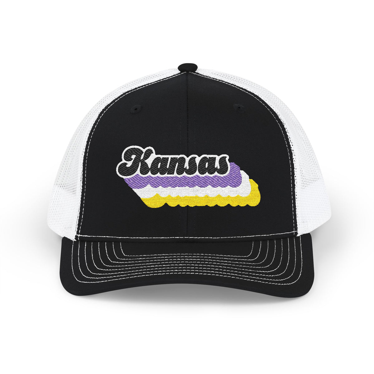 Kansas Non-binary Pride Stack Embroidered Trucker, Snapback Trucker Cap, Black front with White mesh in back