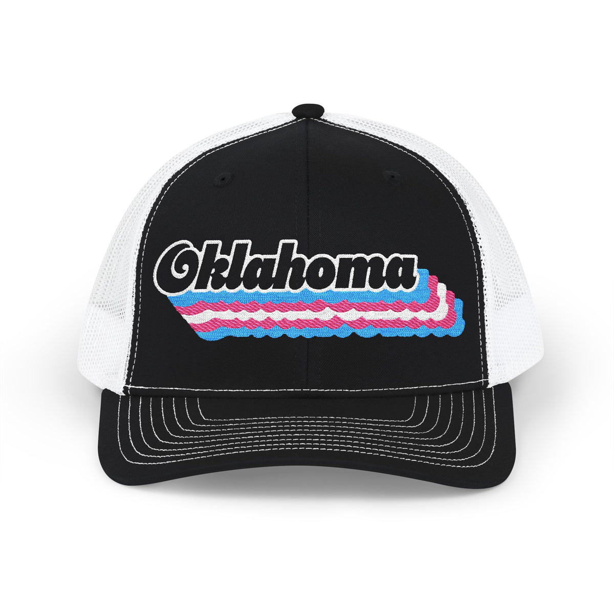 Oklahoma Transgender Pride Stack Embroidered Trucker, Snapback Trucker Cap, Black front with White mesh in back
